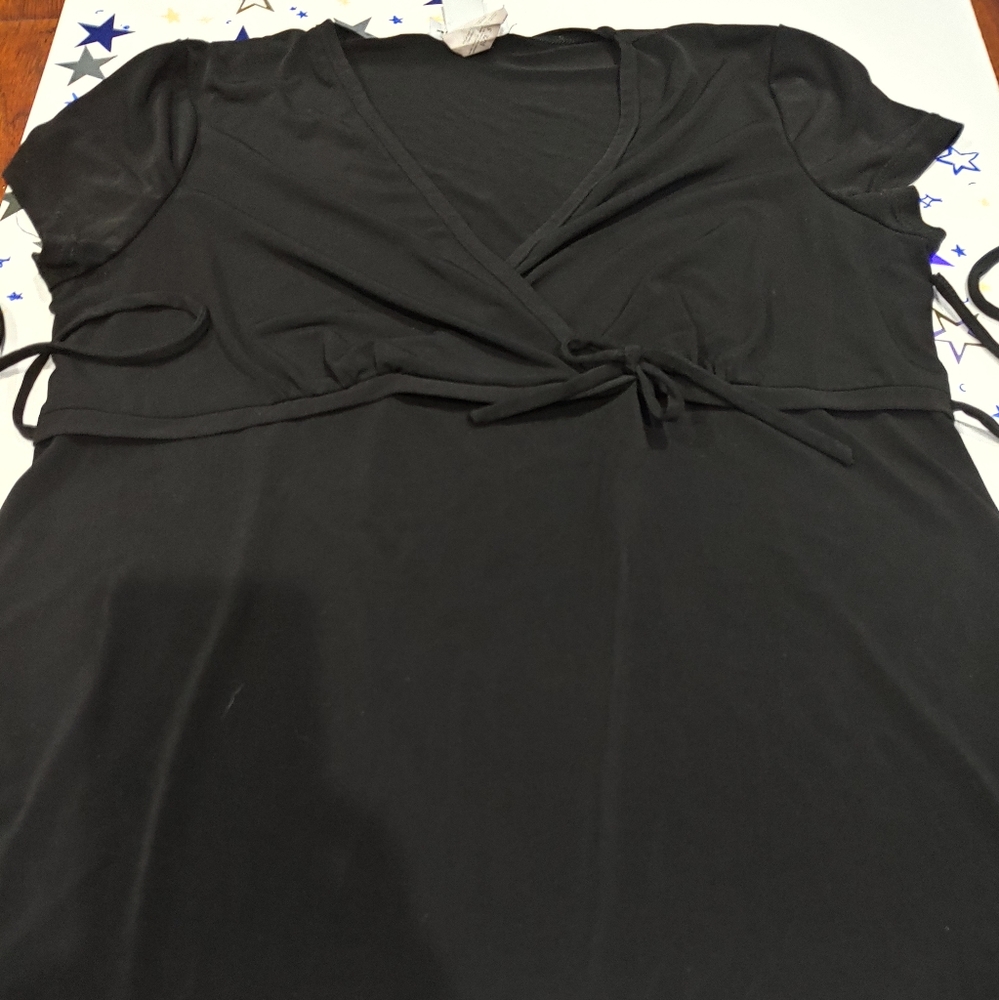 faux wrap black bow blouse
